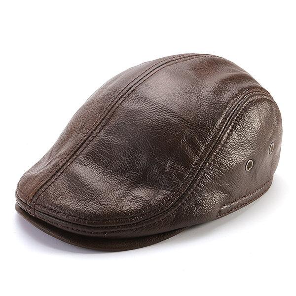 Men's Vintage Genuine Cowhide Beret Caps Ear Flaps Windproof Duckbill Warm Black Brown Hats
