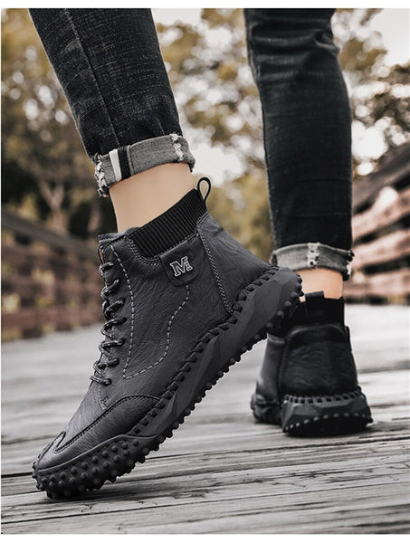 Men Ankle Boots Winter Warm Snow Boots Thick Plush Men Handmade Leather Boots Outdoor Waterproof Work Boots
