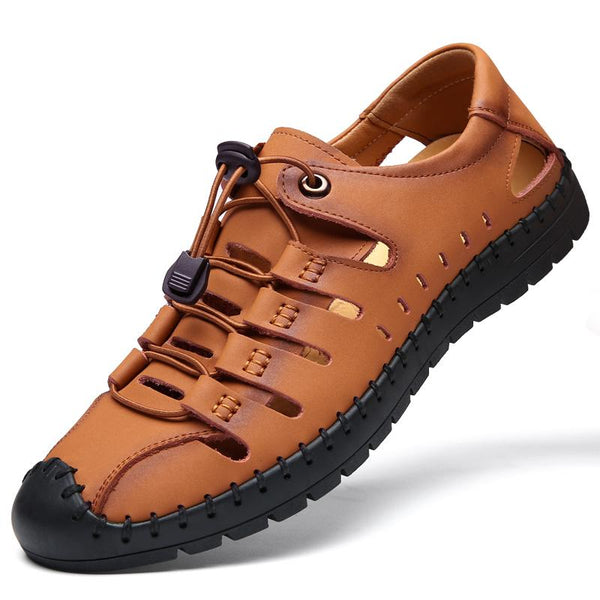 Men's sandals wear soft sole leather hole shoes cowhide casual hollow sandals