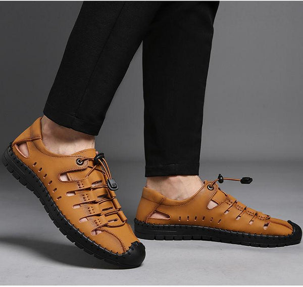 Men's sandals wear soft sole leather hole shoes cowhide casual hollow sandals