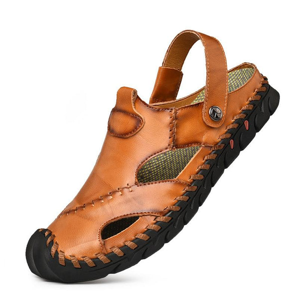 Men's Casual Closed Toe Leather Handmade Sandals Adjustable Fisherman Beach Sandals For Outdoor Walking Driving