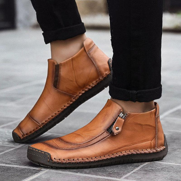 Men's leather handmade shoes hand-stitched side zipper Comfortable soft ankle boots