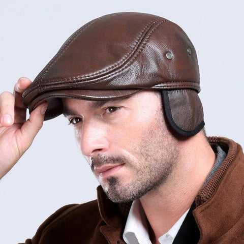 Homme Vintage Véritable Béret de vachette Béret de vachette Casquettes Bouchons à oreilles Duckbill chauds chapeaux brun noir