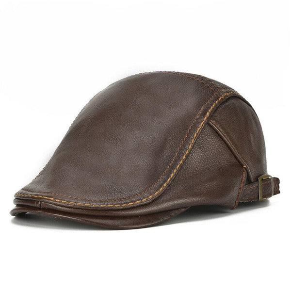 Men's Genuine Cowhide Leather Beret Caps Solid Casual Warm Forward Caps Adjustable