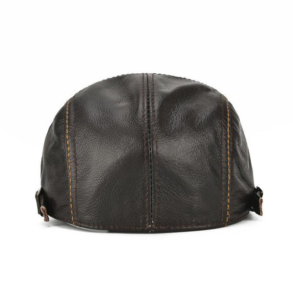 Men's Genuine Cowhide Leather Beret Caps Solid Casual Warm Forward Caps Adjustable