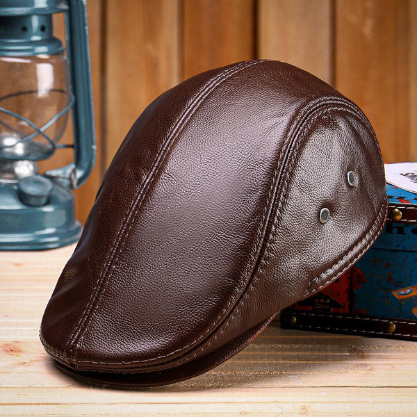 Men's Vintage Genuine Cowhide Beret Caps Ear Flaps Windproof Duckbill Warm Black Brown Hats