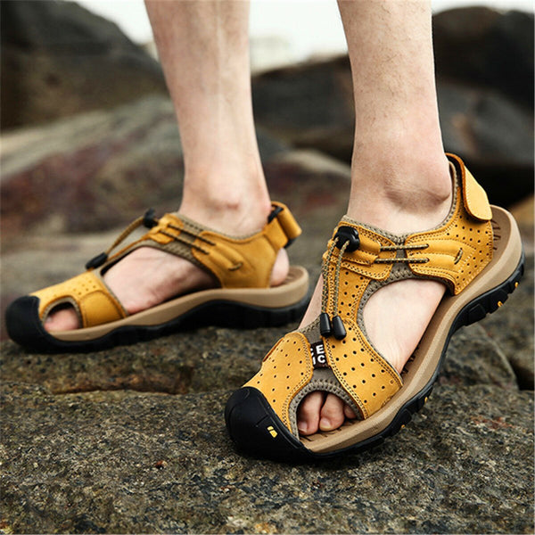 Men Leather Sandals Hiking Hiking Shoes Outdoor Trekking Sandals Breathable Sports Shoes Hook Loop Shoes