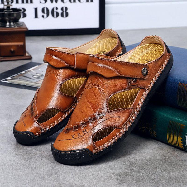 Men's Large Size Men Hand Sewing Closed Toe Comfortable Soft Leather Sandals