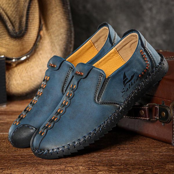 Men's Micfofiber Leather Wearable Soft Sole Slip-on Hand Sewing Flat Shoes